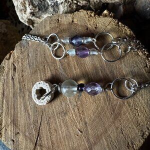 Fluorite & Crinoid Fossil (Indian Bead) Wire Wrapped Pendent with Chain, Necklac